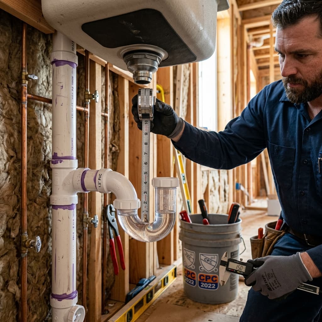 CPC Section 404: Trap Sizing and Water Seal Requirements — C-36 exam visual