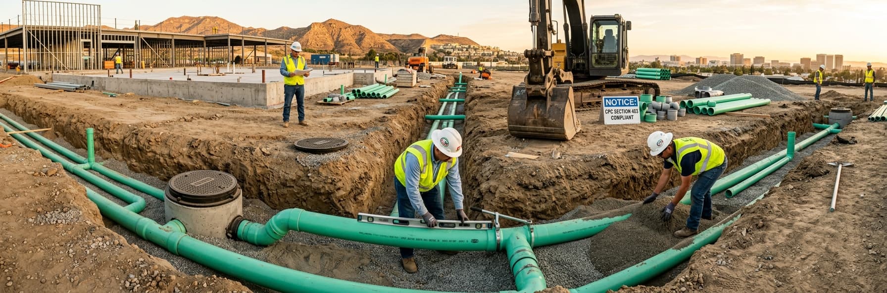 Underground Building Sewer Sizing and Material Selection: CPC Section 403 Requirements for C-36 Exam Success — featured header image for C-36 exam study guide